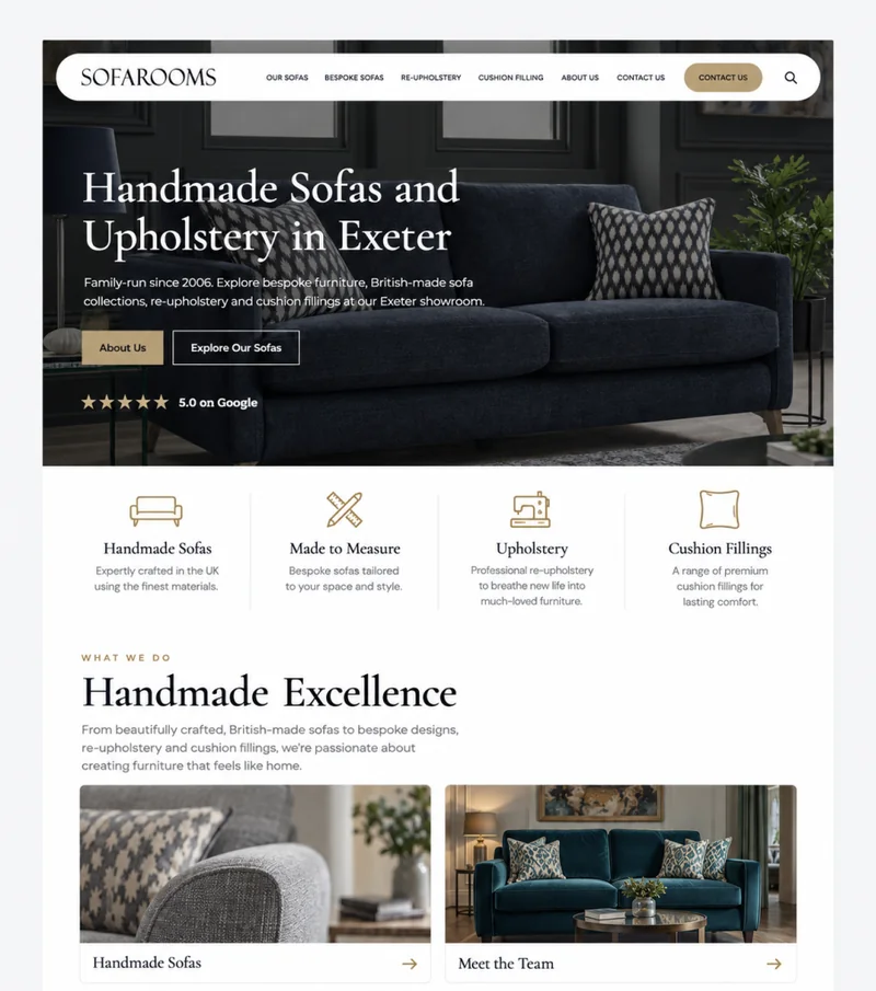 Redesigned Sofarooms website showcasing handmade sofas and upholstery in Exeter
