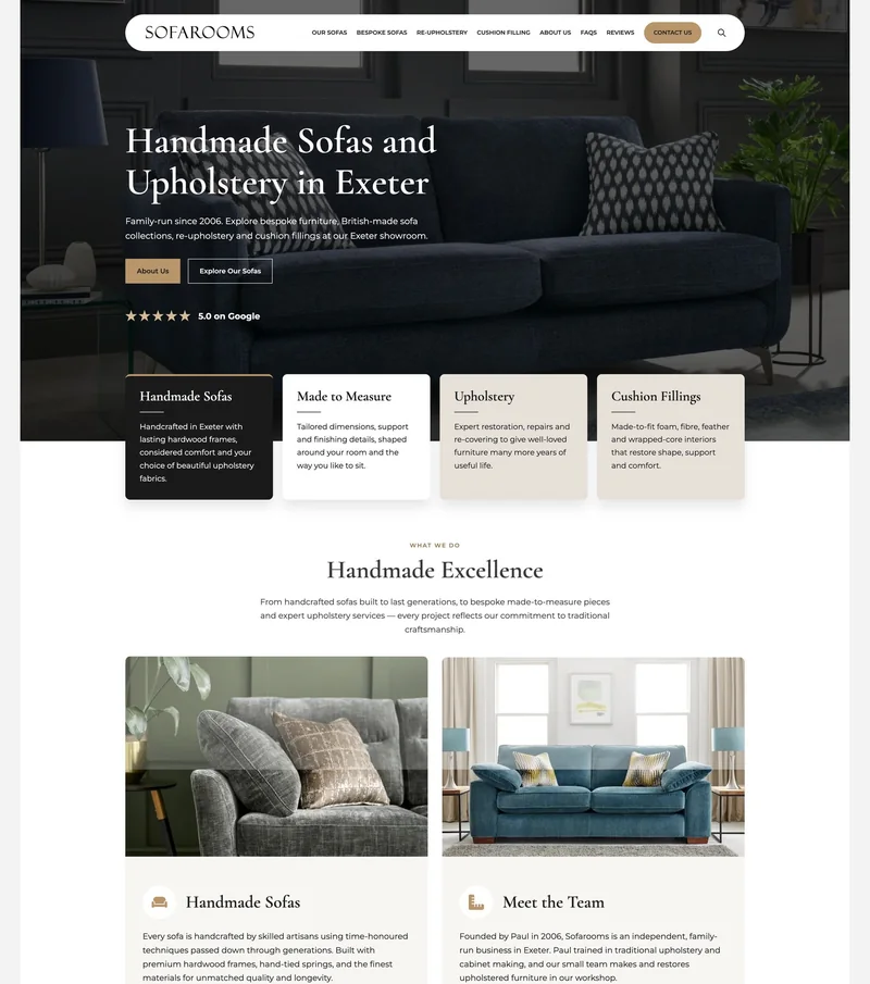 Redesigned Sofarooms homepage with a large sofa photograph, clear Exeter headline and dedicated service links