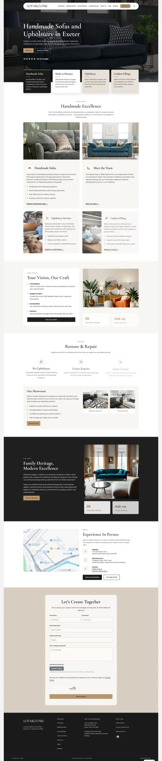 Opening of the redesigned Sofarooms website, including its logo, menu and sofa hero. Select to view the full after screenshot.